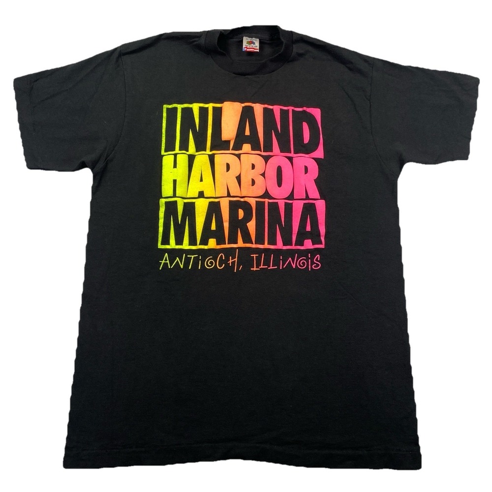 Vintage Inland Harbor Marina Illinois Puff Print T-Shirt Adult XL Black USA